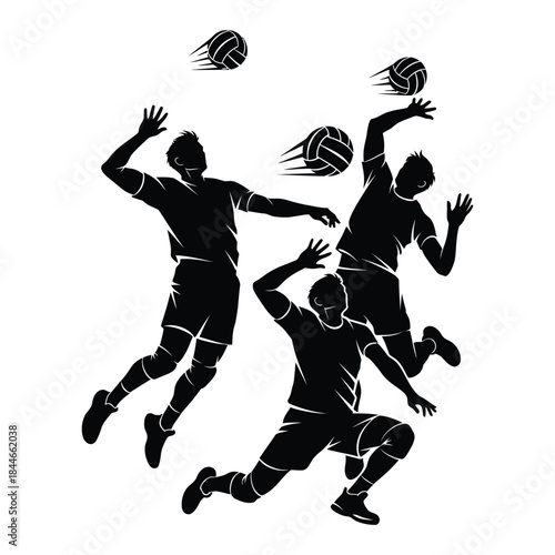 Silhouette of volleyball players in dynamic action during a game