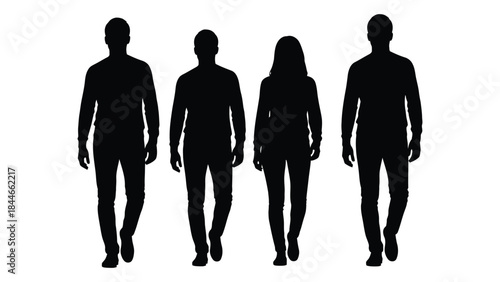 Four people standing in a row depicted as dark shapes against a white background silhouette