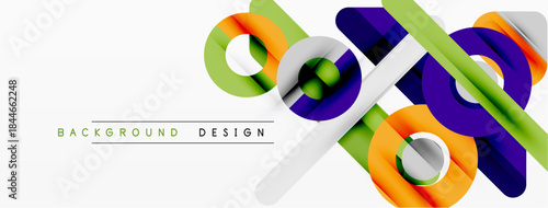 Abstract colorful design features overlapping cylinders, lines. Modern geometric composition suitable for backgrounds, presentations. Bright hues create dynamic visual impact.