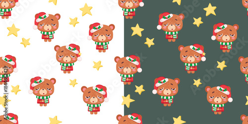 Seamless pattern with cute Christmas bear in Santa hat and scarf, stars and winter mood in two color versions for fabric, wrapping paper, nursery decor, stationery, packaging and holiday design