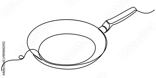 Frying pan continuous one line drawing, of a kitchen skillet with a handle with editable on a white background. outline Vector illustration. 
