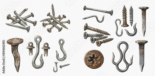 Collection of various rusty metal nails, screws, and hooks for construction and repair work.