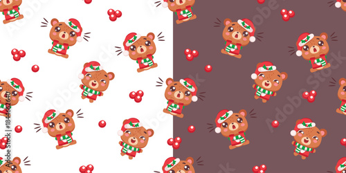 Cute Christmas seamless pattern with emotional bear in Santa hat and scarf with red berries, two color versions for kids fabric, wrapping paper, nursery decor, greeting cards and festive packaging