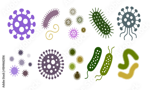 Set of Colorful Virus and Bacteria Icons, Microorganism and Germ Collection, Medical Biology and Science Graphic Vector