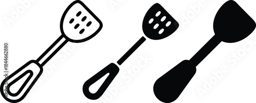 Kitchen spatula turner cooking utensil for frying and flipping food in pans kitchenware accessory collection for home chefs Vector Silhouette and Pictogram Icon Set..eps