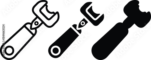Manual handheld can opener for tin cans and kitchen food storage metal cutting utensil equipment Vector Silhouette and Pictogram Icon Set.eps