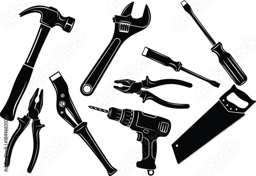 Collection of black silhouette professional hand tools including hammer, wrench, pliers, screwdriver, drill, and saw, representing repair, construction, carpentry, and mechanics vector icons set.