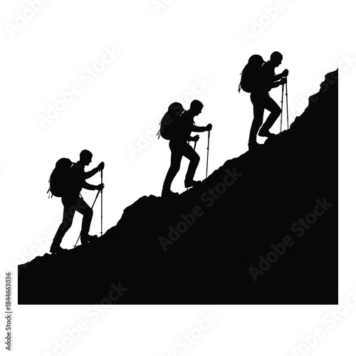 Silhouettes of hikers ascending a steep mountain slope with trekking poles