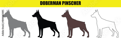 Various Doberman Pinscher dog breed silhouettes in different styles for design