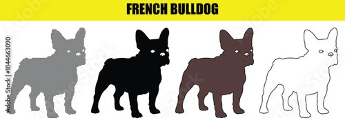 Set of lovely French Bulldog vector silhouettes and outline illustrations