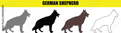 Collection of German Shepherd dog illustrations in various graphic forms