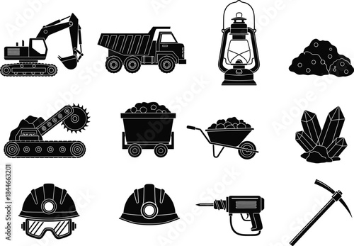 Collection of twelve black silhouette mining and excavation icons, featuring excavator, dump truck, lantern, mine cart, crystals, drill, and hard hats