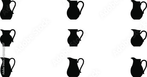 Black pitcher jug silhouette icon set showing traditional ceramic water jugs and milk pitchers, minimal household vessel symbols for vector design and brandingBlack pitcher jug silhouette icon set sho