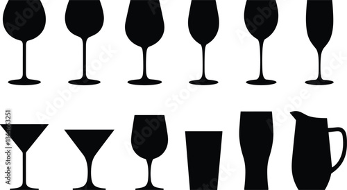 Black silhouette drinkware collection vector, wine glasses cocktail martini beer pint jug shapes, bar pub alcohol icons isolated on white background