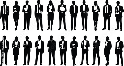 Business People Silhouettes Set, Male and Female Corporate Workers Vector Collection, Professional Staff Standing Full Length Illustration, Executive Manager Black Figures Isolated on White