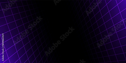 Purple glowing neon wireframe background. Shining checkered vertical grid planes in perspective. Retro futuristic depth wallpaper. Arcade game sci fi matrix surface backdrop for poster, banner. Vector