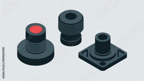 Three mechanical parts with distinct features