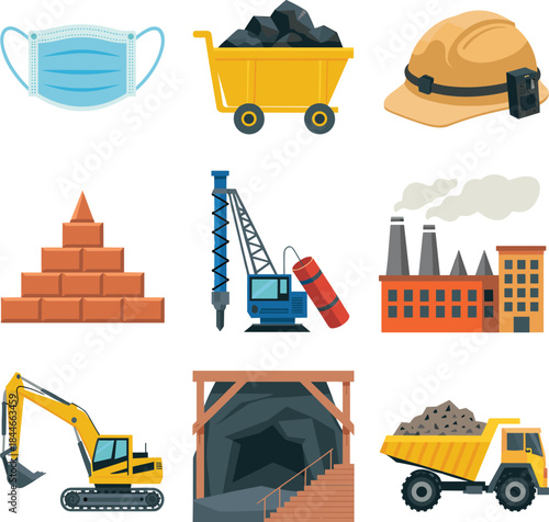 Flat design vector set of construction and mining industry tools, including surgical mask, hard hat, excavator, coal cart, dynamite, bricks, and mine entrance, illustrating safety and labor.