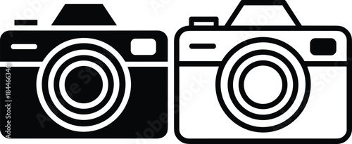 Camera icon silhouette set with filled and outline styles, photography symbol collection isolated on white background for digital design use