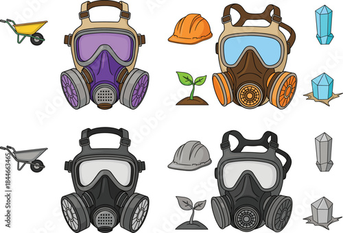 Set of colorful gas masks with accessories like wheelbarrows, crystals, sprouts, and hard hats, symbolizing safety, air pollution, hazardous work, mining protection