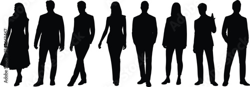 Business people silhouettes standing in row, professional men and women team, corporate leadership concept, elegant black human figures illustration