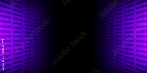 Purple glowing neon wireframe background. Shining checkered vertical grid planes in perspective. Retro futuristic depth wallpaper. Arcade game sci fi matrix surface backdrop for poster, banner. Vector