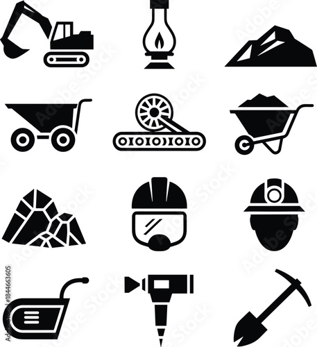 Detailed isometric set of heavy mining and industrial equipment including excavator, dump truck, factory, gas mask, mine cart, pickaxe, and precious crystal vector illustration collection.