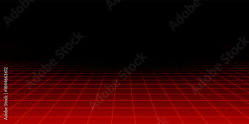 Red glowing neon wireframe background. Shining diagonal checkered grid planes in perspective. Retro futuristic depth wallpaper. Arcade game sci fi matrix surface backdrop for poster, banner. Vector