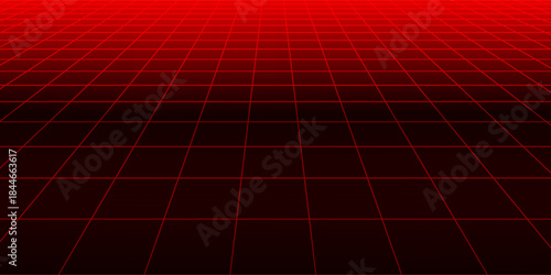 Red glowing neon wireframe background. Shining diagonal checkered grid planes in perspective. Retro futuristic depth wallpaper. Arcade game sci fi matrix surface backdrop for poster, banner. Vector