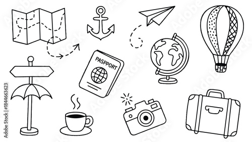 Travel icons set with map and accessories