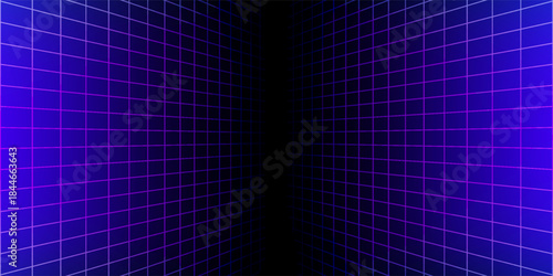 Blue glowing neon wireframe background. Shining vertical grid planes in perspective. Retro futuristic depth wallpaper. Arcade game sci fi diagonal matrix surface backdrop for poster, banner. Vector