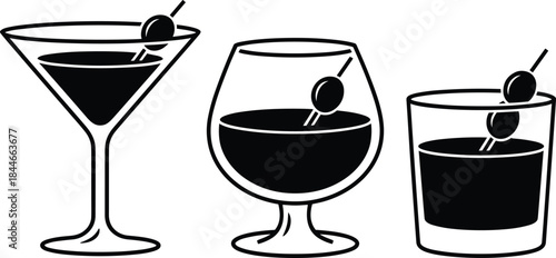 Cocktail glass silhouettes set, martini, brandy and whiskey drink icons, minimalist bar and alcohol symbols, black and white beverage vector illustration