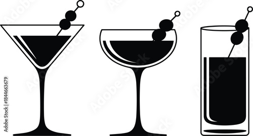 Classic cocktail glass silhouettes set, martini coupe and highball drink icons, minimalist black vector illustration for bar menu branding and beverage design