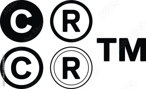 Copyright and trademark symbol collection, copyright sign, registered trademark icon, TM mark, intellectual property symbols, black and white vector set