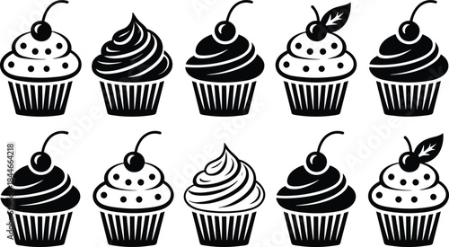Cupcake silhouette icon collection, sweet dessert and bakery treats, cute muffins with frosting and cherry toppings, black and white pastry vector set