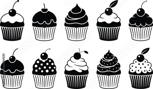 Cupcake silhouette icon set, sweet dessert and bakery illustrations, cute muffin and frosting designs, black and white pastry vector collection