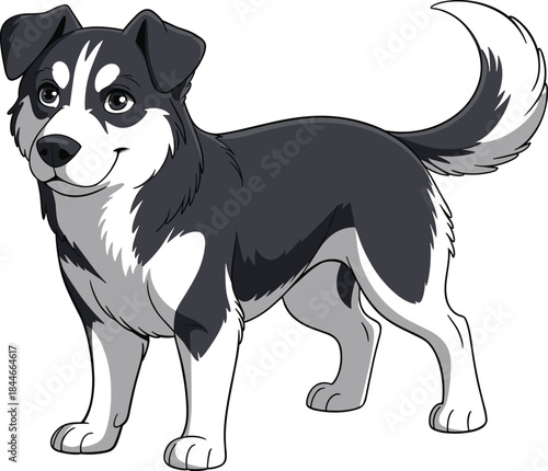 Cute dog cartoon illustration, friendly mixed breed puppy standing, smiling pet character, detailed vector animal design, isolated on white background