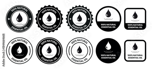 Essential oil drop icon for beauty and skincare natural product certificate label. Essential oils sticker logo for body lotion, cream and shampoo moisturizer, spa wellness fragrance.