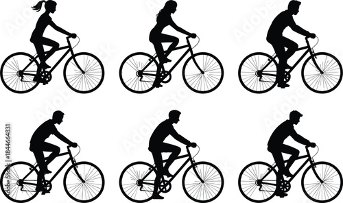 Cycling people silhouette set, men and women riding bicycles, outdoor sport and fitness activity, urban commuting concept, black and white vector illustration