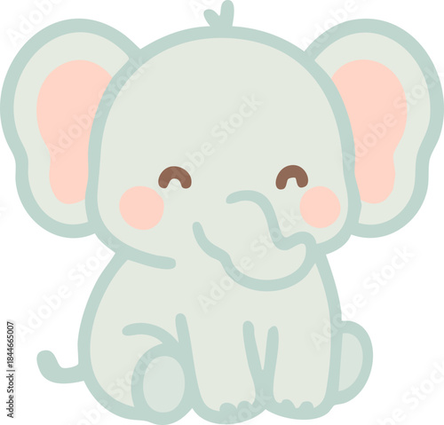 A cute pastel cartoon baby elephant with closed smiling eyes, rosy cheeks, and a curled trunk, illustrated in a soft flat kawaii style
