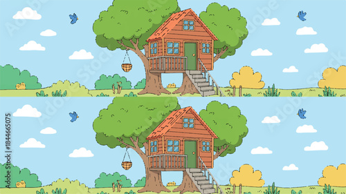 Treehouse in a serene natural setting with birds and clouds