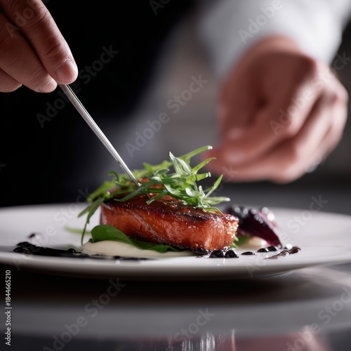 Close-up of a chef is hand plating a gourmet dish with precision tweezers, focus on fine dining presentation and professional kitchen.