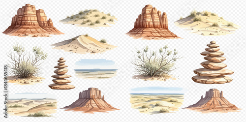 Watercolor collection of desert landscapes, including mesas, sand dunes, desert plants, and rock cairns on a white background.
