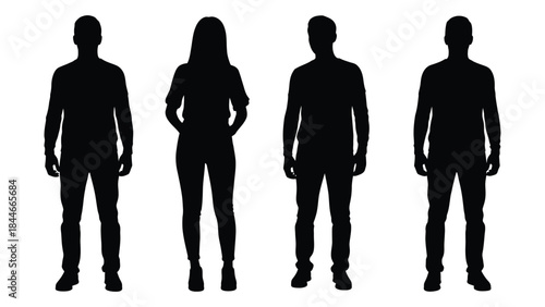 Four individuals standing in a row showcasing distinct human forms as a silhouette