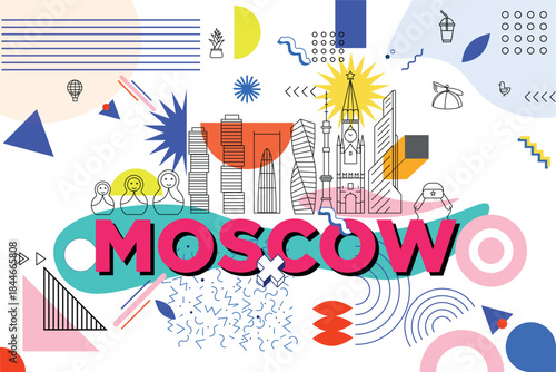 Moscow culture travel night set, famous architectures and specialties in flat design. Business travel and Memphis concept clipart. Image for presentation, banner, website, app, flyer, roadmap, icons