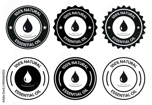 Essential oil drop icon for beauty and skincare natural product certificate label. Essential oils sticker logo for body lotion, cream and shampoo moisturizer, spa wellness fragrance.