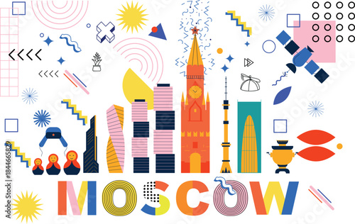 Moscow culture travel night set, famous architectures and specialties in flat design. Business travel and Memphis concept clipart. Image for presentation, banner, website, app, flyer, roadmap, icons