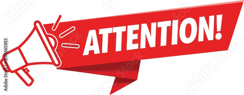 Red megaphone with attention text isolated on white