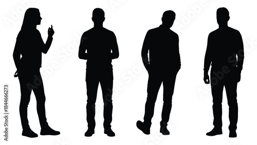 Four individuals standing in a row showing different poses and attire silhouette