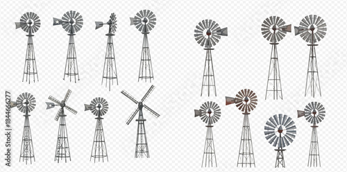 Set of vintage farm windmills for water pumping or power generation, isolated on transparent background.